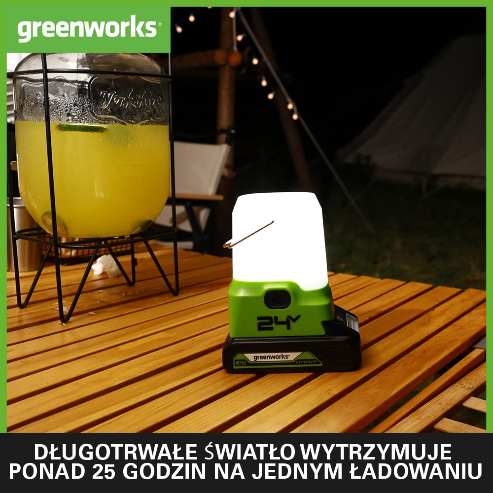 Greenworks G24LA500 Akumulatorowa Latarnia i Lampa Kempingowa z Hakiem do Zawieszania, 500 Lumenów, 3 Ustawienia Jasności, Gniazda USB i Typu C BEZ Akumulatora 24V i Ładowarki, 3 Lata Gwarancji