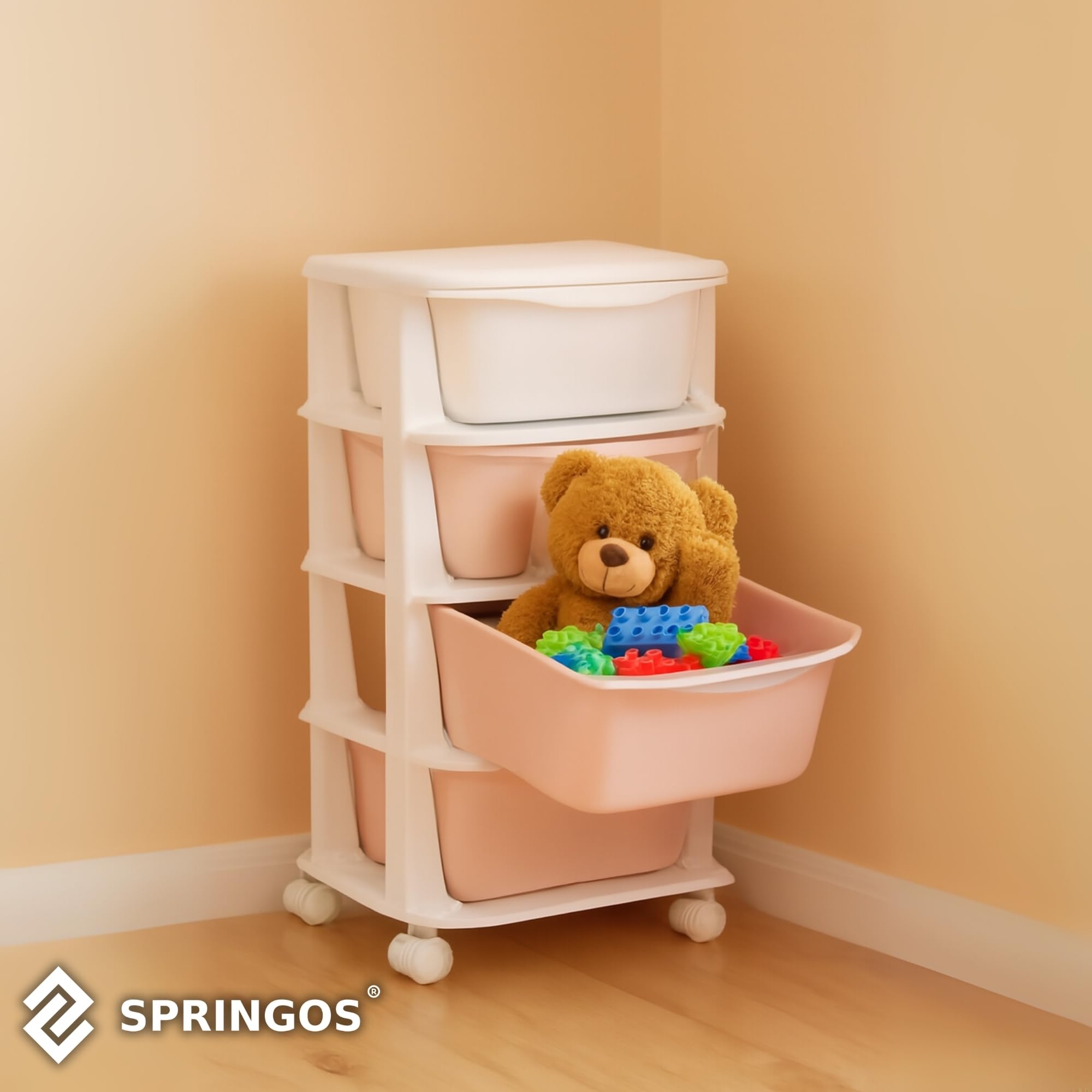 SPRINGOS Scaffale in plastica con 4 cassetti su ruote per giocattoli e accessori, organizzatore mobile per camera dei bambini e bagno