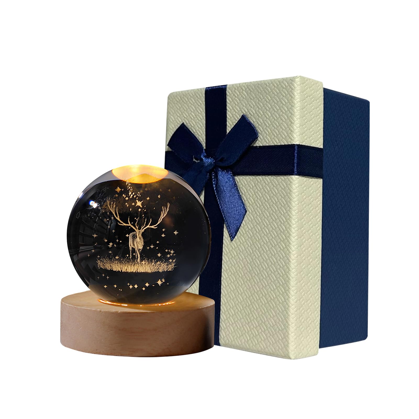Christmas Decoration 3D Crystal Ball with LED Light, Snow Globe Night Light Christmas Decoration with Wooden Base