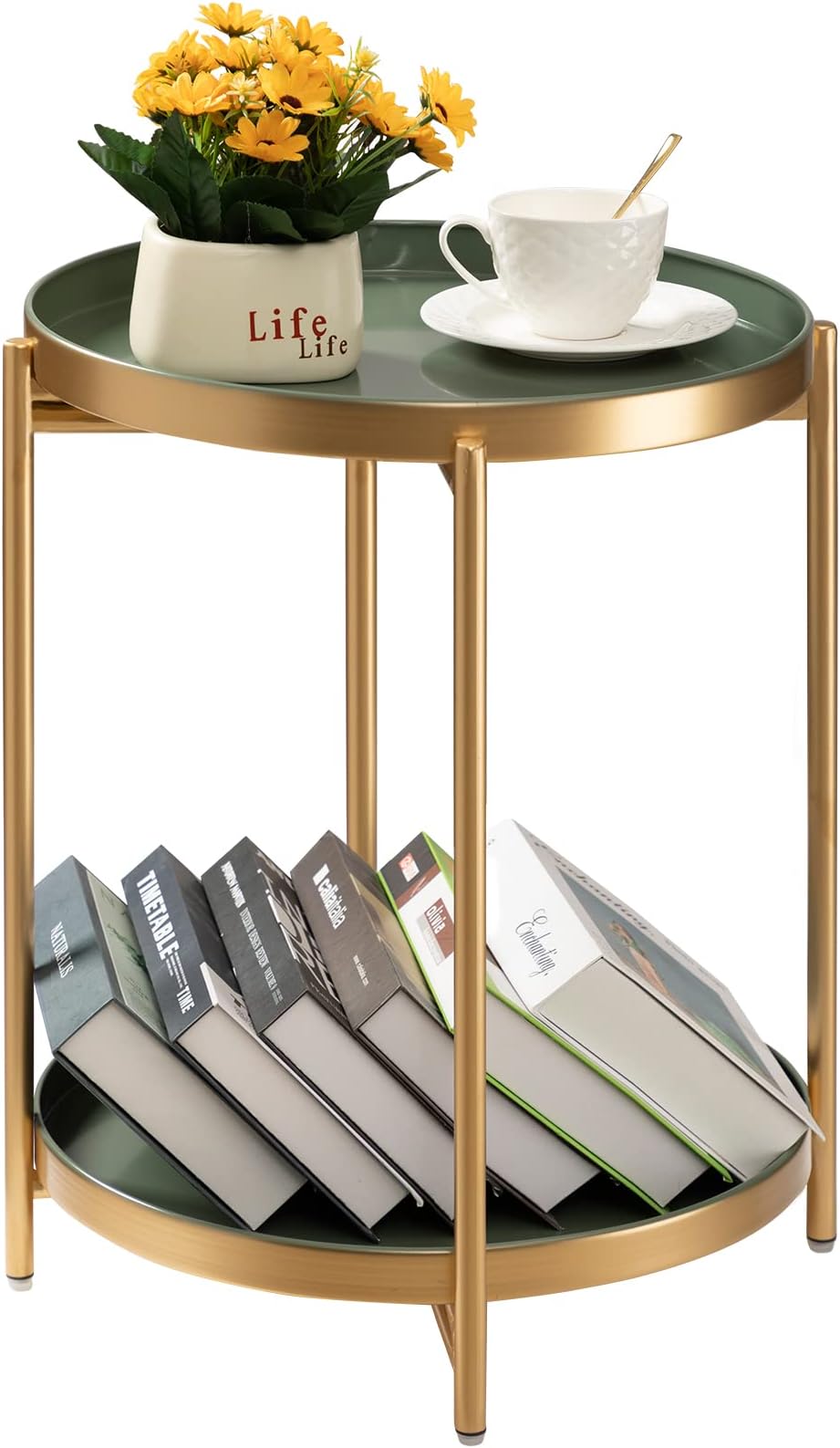 TeoKJ 2 Tier Gold Side Table, Folding Round Metal End Table Small Nightstand with Two Removable Tray for Bedroom Living Room Bedside Small Spaces Gold + Dark Green