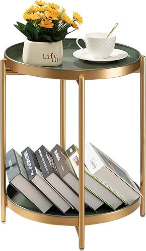 Miniatura 13 de TeoKJ Mesa auxiliar redonda de 2 niveles, mesa auxiliar redonda plegable de metal, mesita de noche pequeña con dos bandejas extraíbles para Gris