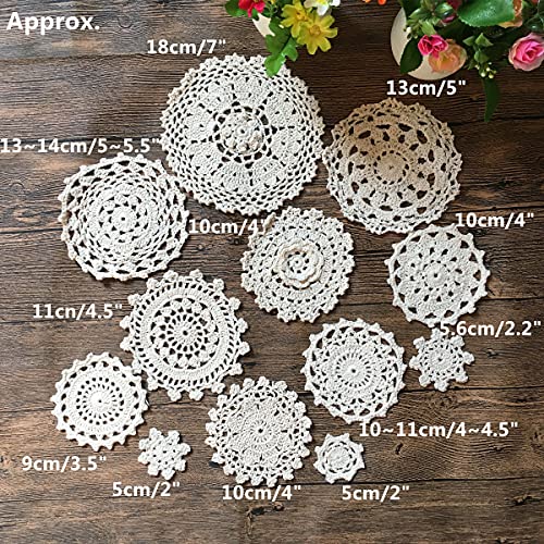 MINDPLUS Set of 24 Hand Crochet Doilies Cotton Lace Table Placemat Mini Doilies 2-7 Inch Round White Beige Vintage Wedding Tea Party (12pcs White and 12pcs Beige) - Image 2