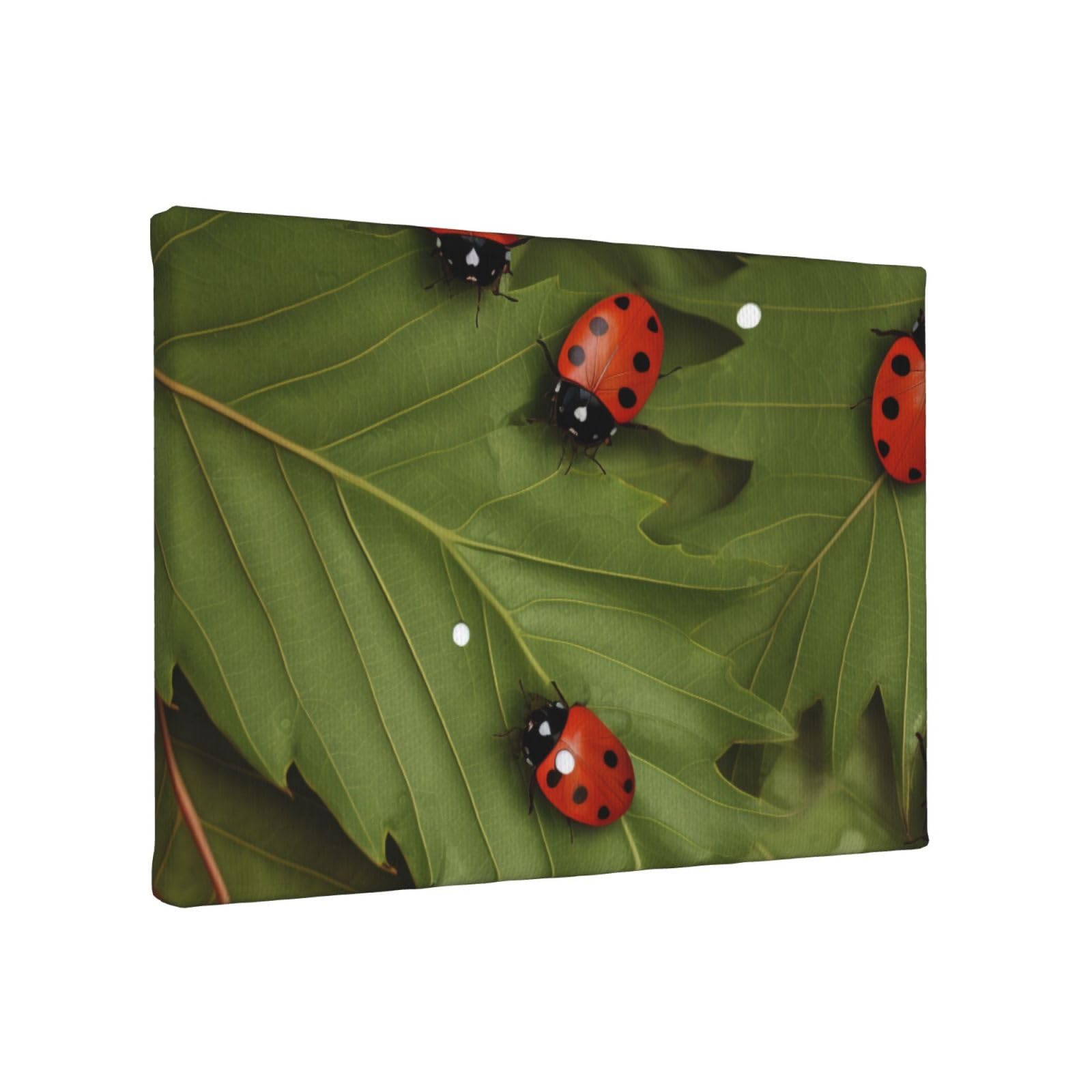 YKLJG Leaves and Ladybugs Printed Wall Art Canvas Painting 30x20 CM Wooden Framed Picture Painting Artwork Prints for Bedroom Kitchen Home Office Decor