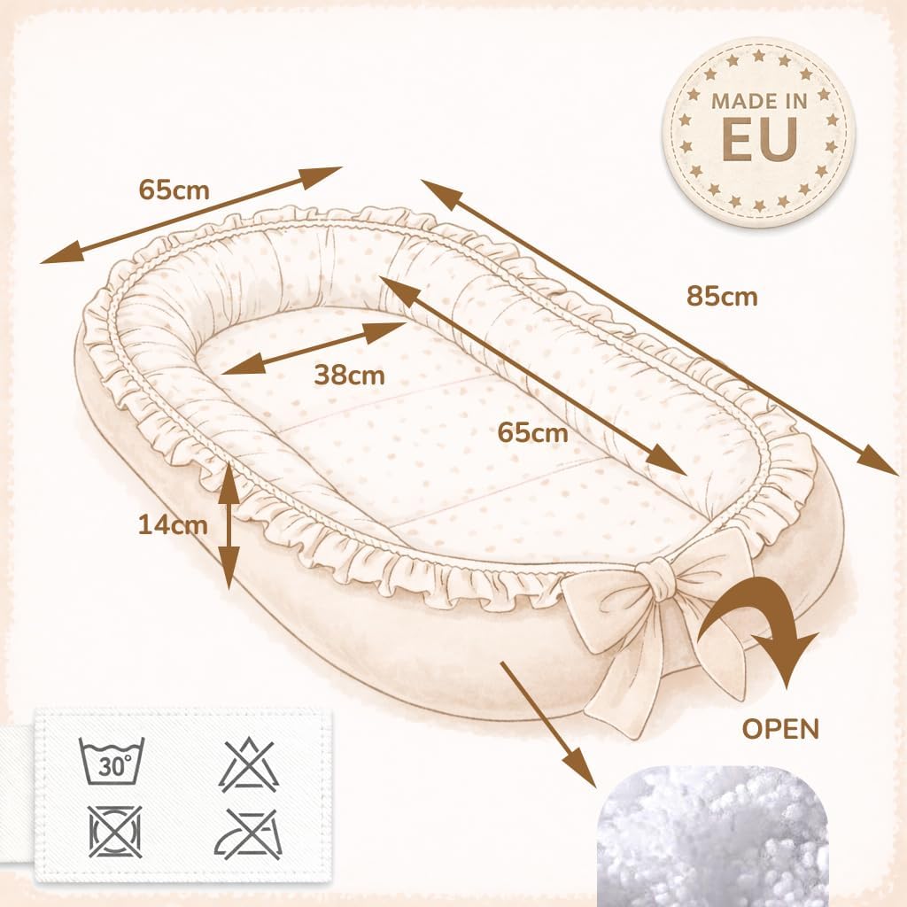 Babynestchen Neugeborene mit Rüschen – Babynest aus Waffelpique Baumwolle – Nestchen Baby für Babybett & Kinderbett – Babykokon Tragbar – OEKO-TEX zertifiziert - Sand