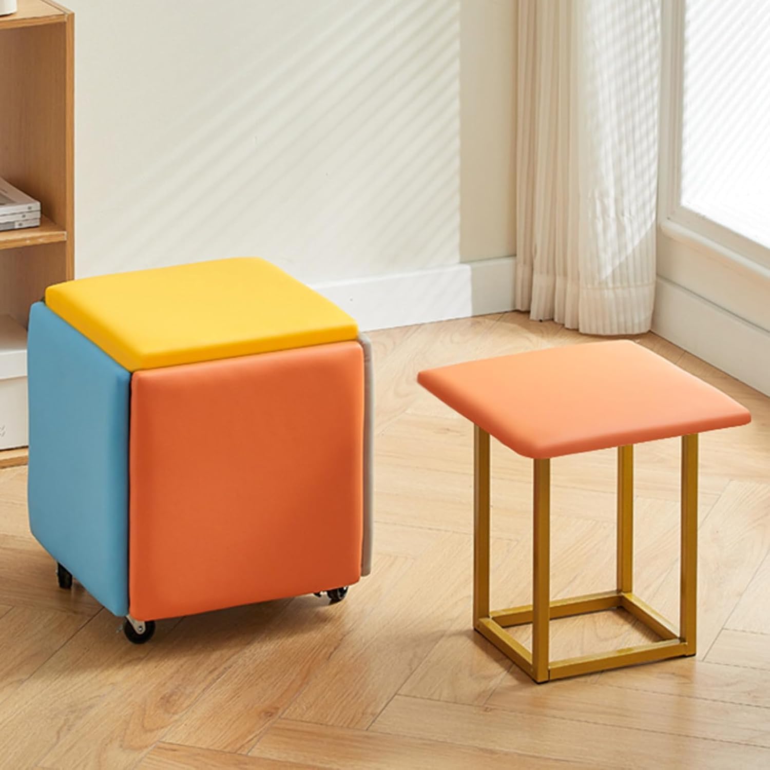 5-in-1 beweglicher Würfel-Ottomane mit Rollen, vielseitiger Leder-Fußhocker für Wohn- und Esszimmer, stilvolle 34,8 cm große, grüne quadratische Sitzgelegenheit, perfekt für kleine Räume und moderne