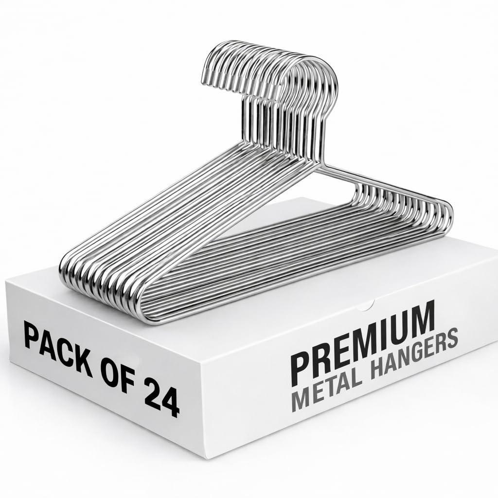 PulGos Pack of 24 Metal Clothes Hanger–Rust Free & Heavy Duty |Non-Slip Ultra-Thin Hangers for Wardrobe |Lightweight & Durable Design| Space-Saving Closet Organizer with Smooth Finish for All Garments