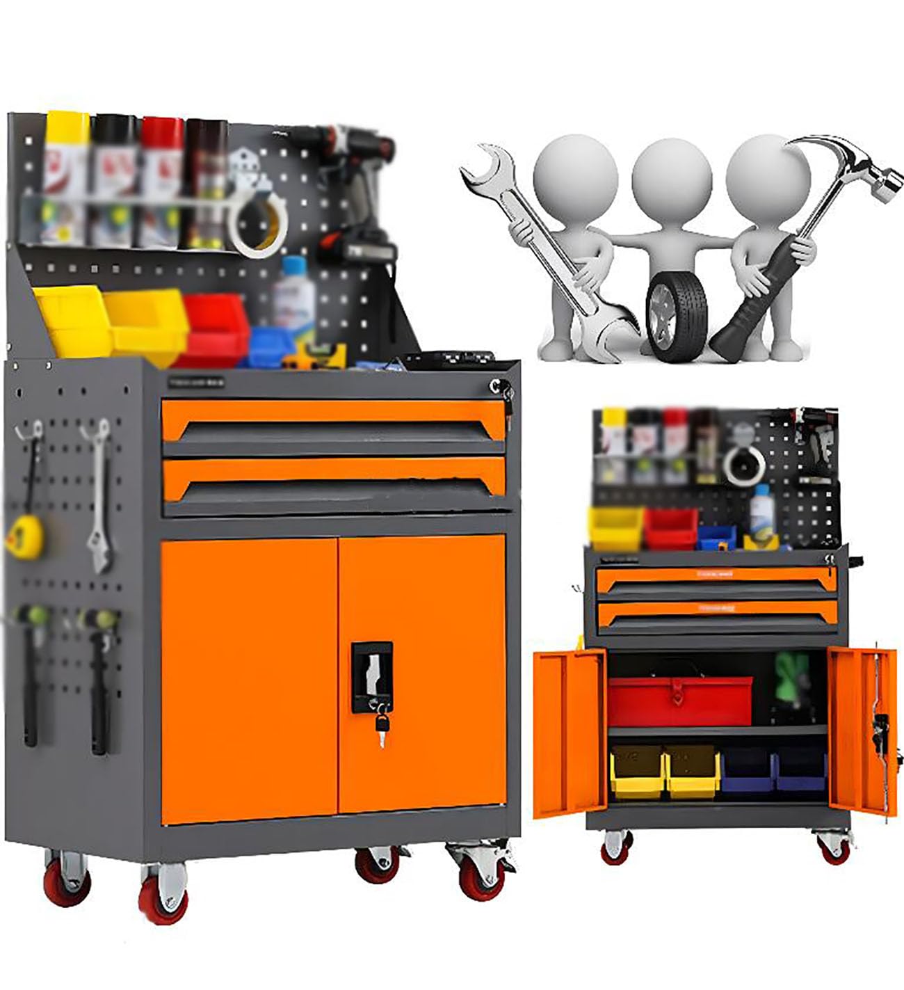 ICEMOB Cajas De Herramientas con Cajón,Carro De Herramientas Profesional,Carro Auxiliar con Ruedas para Garaje/Almacén/Taller,Organizadores De Herramientas,Naranja