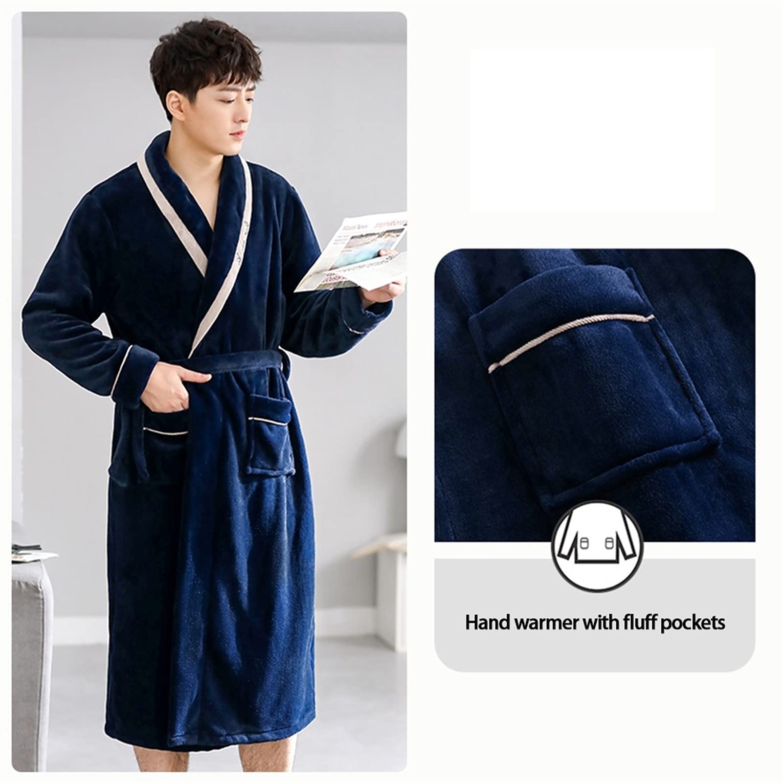 GHYUB Albornoz De Forro Polar para Hombre,Albornoz De Lleven De Franela De Lujo, Bata De Baño Caliente Y Acogedora De La Banda De Baño con Cinturón Formen Fleece Bathrobe SPA Bobe