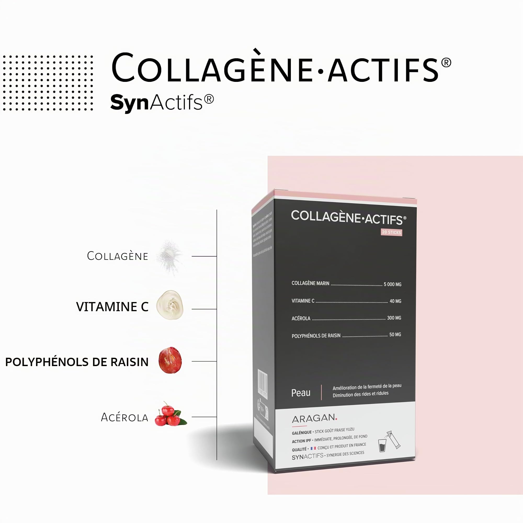 Collagene Marin 5000mg Format Pratique - Complement Alimentaire Anti Age, Elasticité & Fermeté de la Peau - Vitamine C, Acerola, Polyphénols De Raisin - Aragan - 20 Sticks