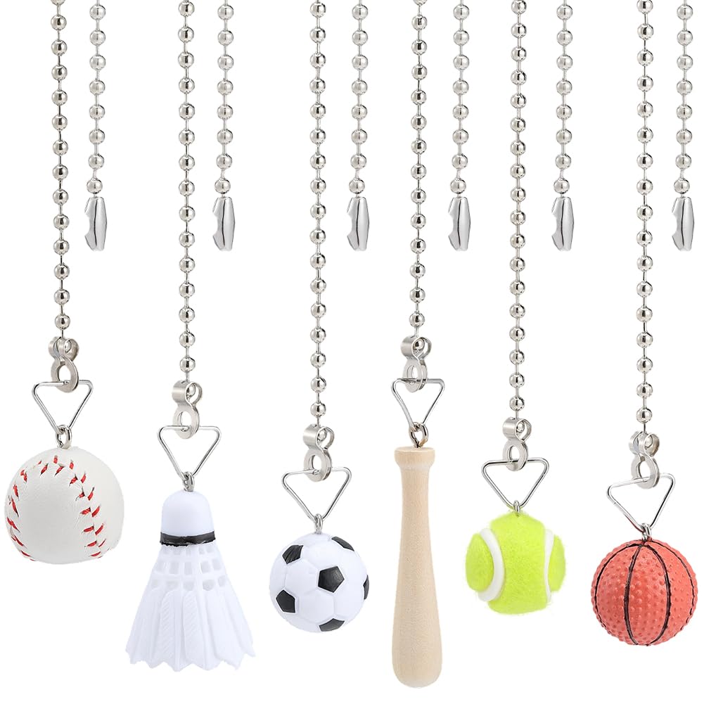 SOFPLATE 1 Box 6 Styles 6Pcs Sport Ceiling Fan Pull Chain Fan Chains Extensions 20 Inch Beaded Ball Cord Baseball Basketball Football Tennis Light Pull Extender with Connector for Bedroom Living Room
