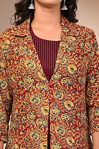 Image of KANNAHI Women Pure Cotton Printed Straight Calf Length Regular Jaipuri Kurta and Shrug Set with Floral Print for Womens & Girls Grey
