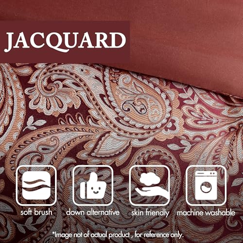 Image of Madison Park Aubrey Cozy Comforter Set, Faux Silk Jacquard Paisley Design - All Season Down Alternative Bedding with Cotton Bed Sheets, Bed Skirt & Toss Pillows, California King Red 12 Piece