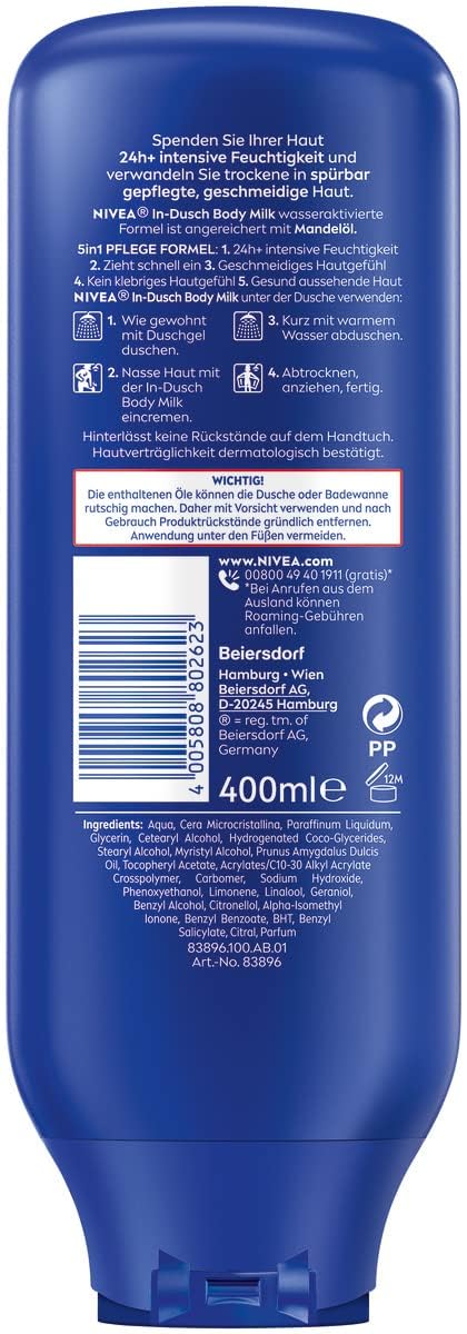 NIVEA In-Dusch Body Milk (400 ml), Körpercreme mit Mandel-Öl und wasseraktivierter 5in1 Pflege Formel… – Ansicht 6