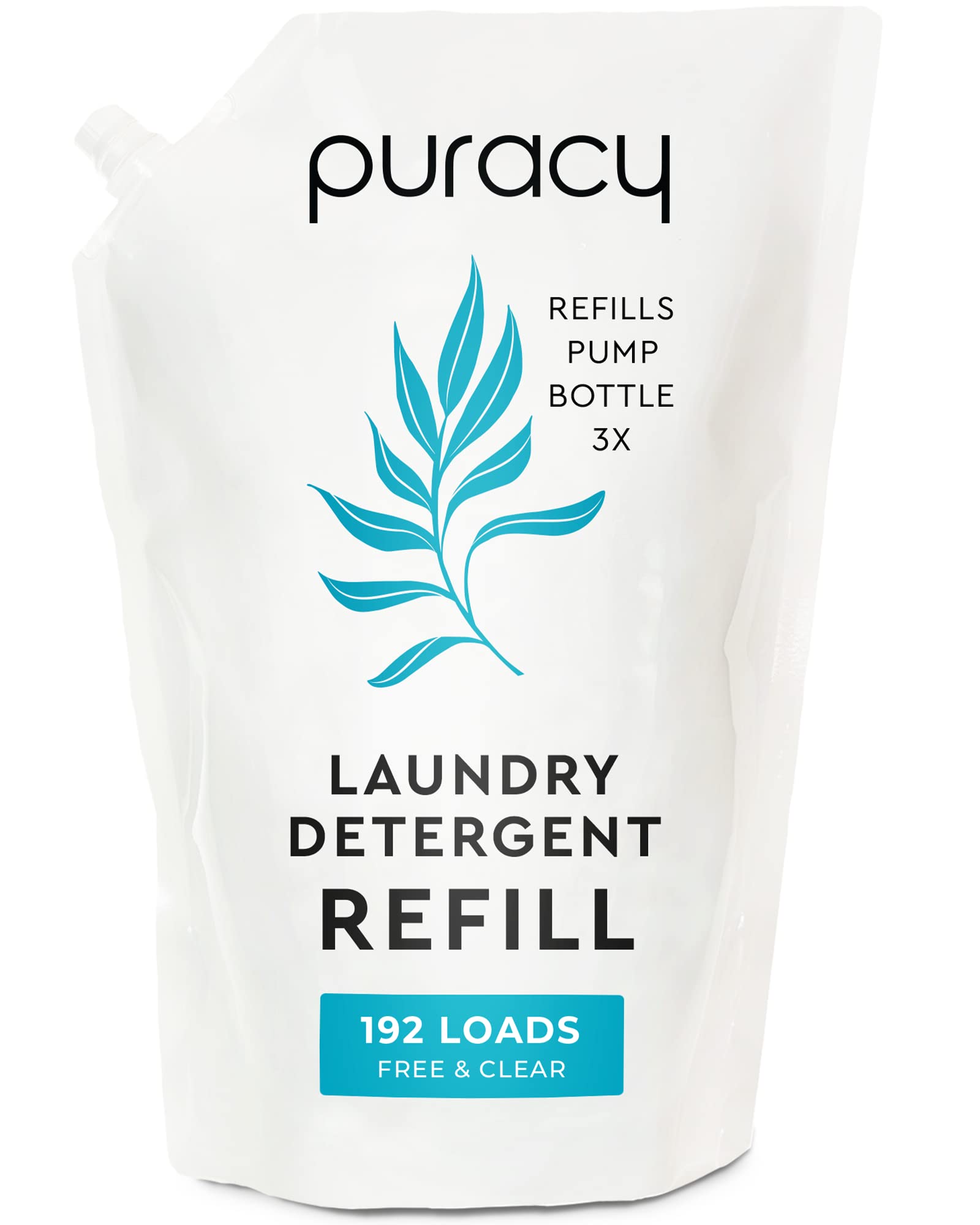 Puracy Liquid Laundry Detergent Refill - 48 fl oz, 192 Loads - Natural, Scent-Free Gentle Liquid Laundry Detergent - Liquid Concentrate Laundry Pouch with Stain Fighting Enzymes - Free & Clear