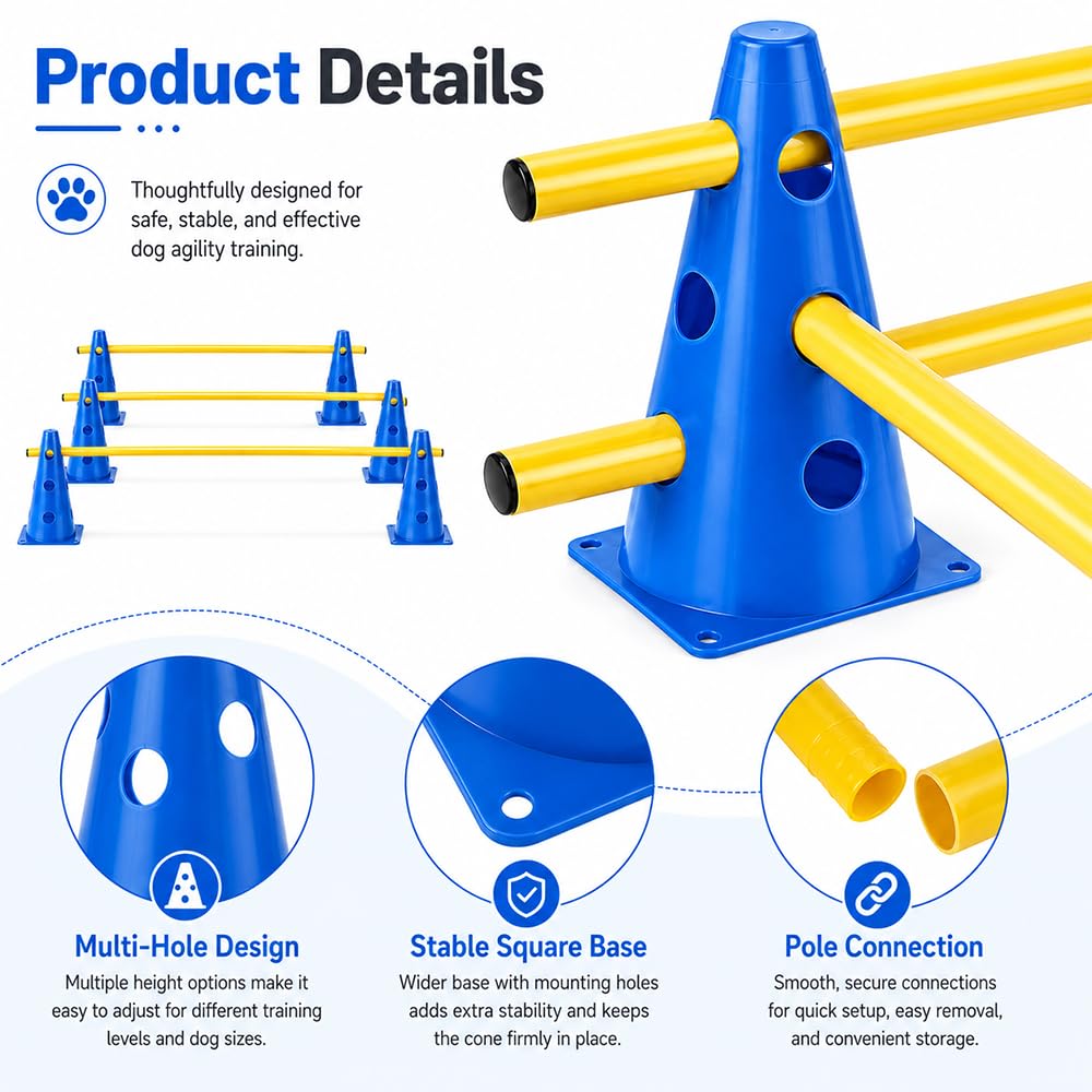 Steckhürdenset, Agility Set Hunde mit 8 Kegel(23cm) + 4 Stangen(1 m), Cavaletti Hund für Koordinationstraining, Pylonen Hundetraining, Einstellbare Trainingshürden für Hunde Teamsport Fussball