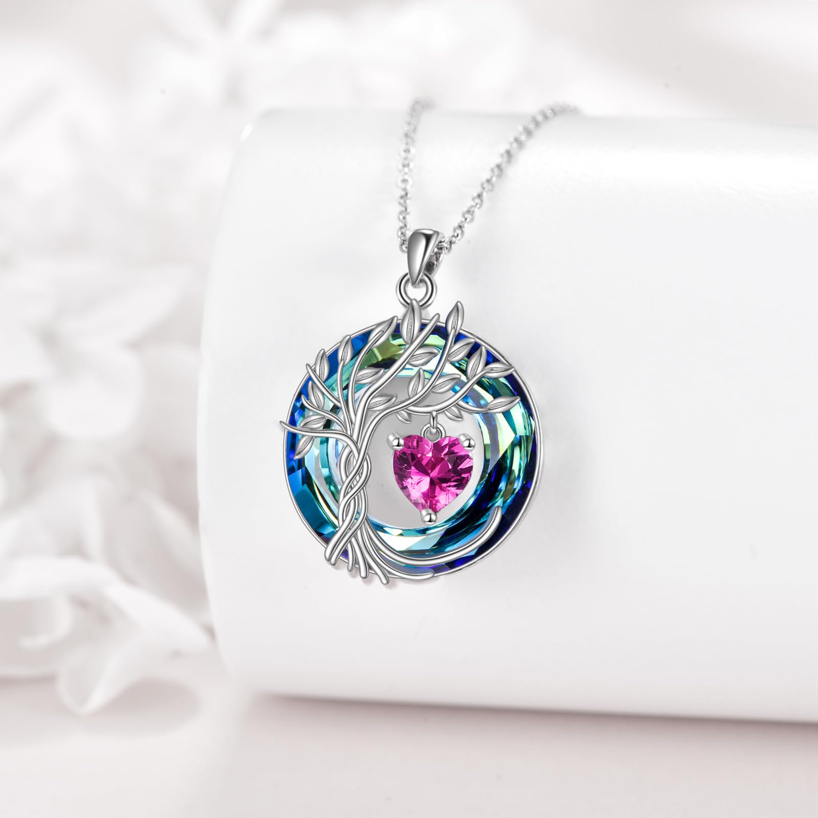 POPLYKE Lebensbaum Geburtsstein kette für Damen 925 Sterling Silber Baum des Lebens Schmuck mit Kristall Weihnachtsgeschenke für Mutter Ehefrau