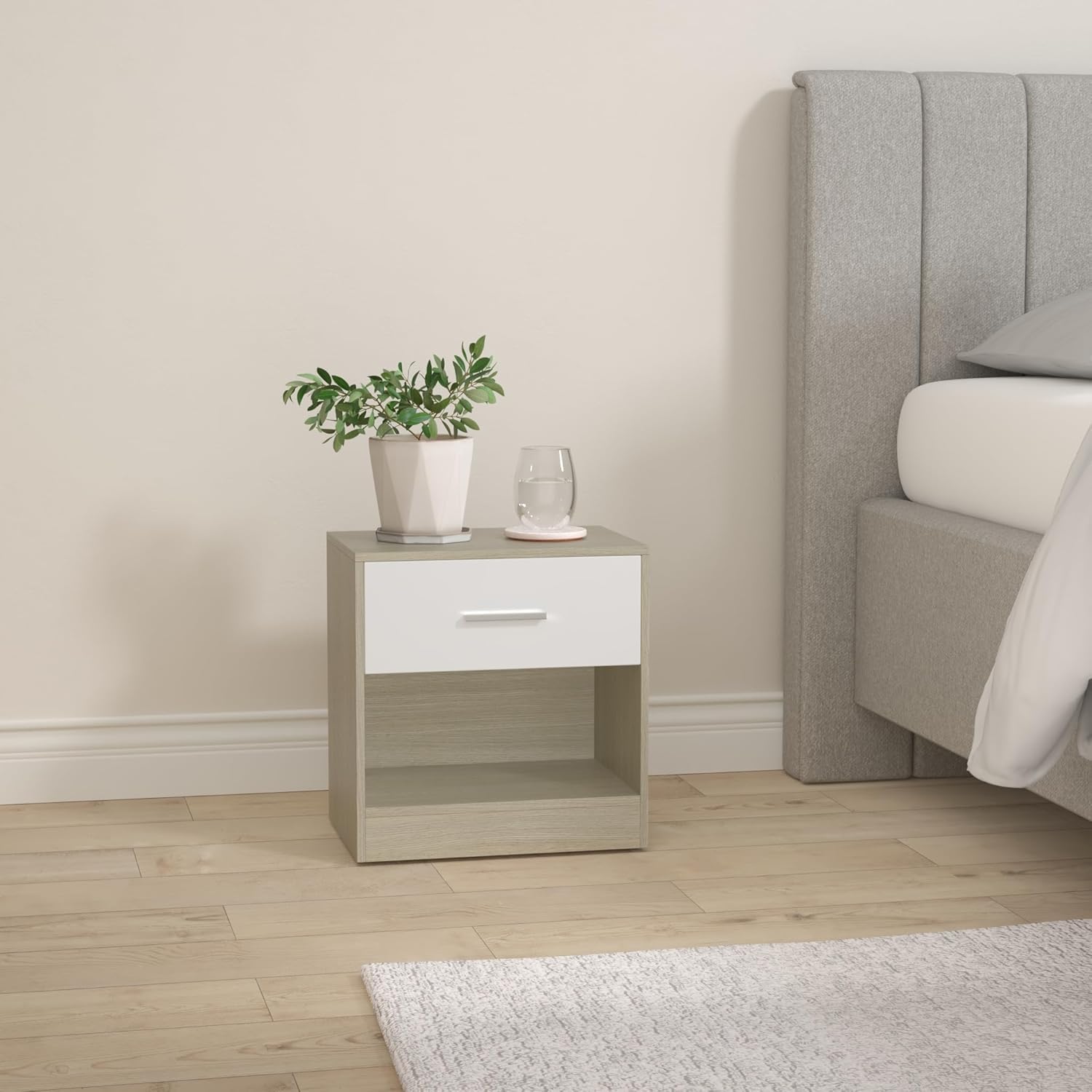 VASAGLE Comodino, Tavolino con Cassetto, Maniglia, Scomparto Aperto, per Camera da Letto, Soggiorno, Beige Naturale e Bianco Classico LET619T67