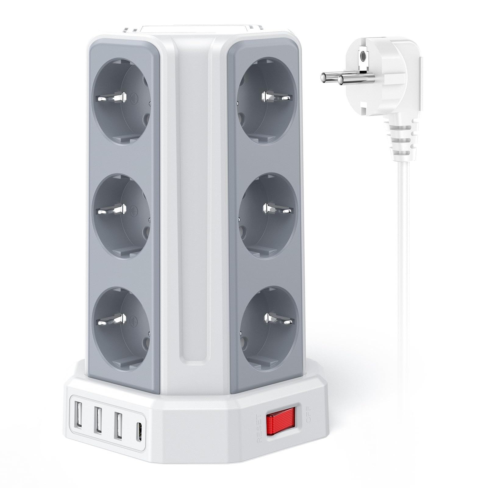 Sameriver, Ciabatta multipla con interruttore, 12 prese, con 3 USB A+1 USB C, ciabatta con cavo di prolunga da 5 m, protezione da sovratensione per casa, ufficio F (Schuko)