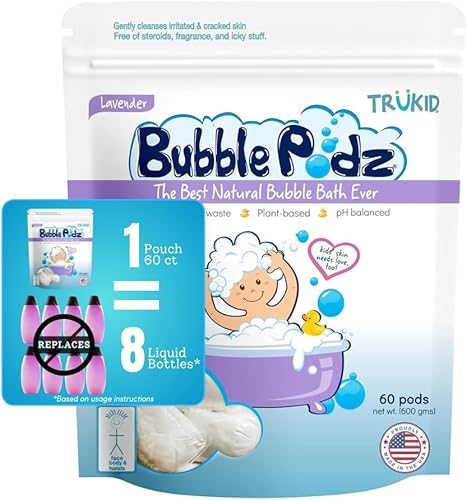 TruKid Bubble Podz - Baño de burbujas para bebés y niños, bomba de baño refrescante suave para pieles sensibles, pH balance 7 para sensibilidad