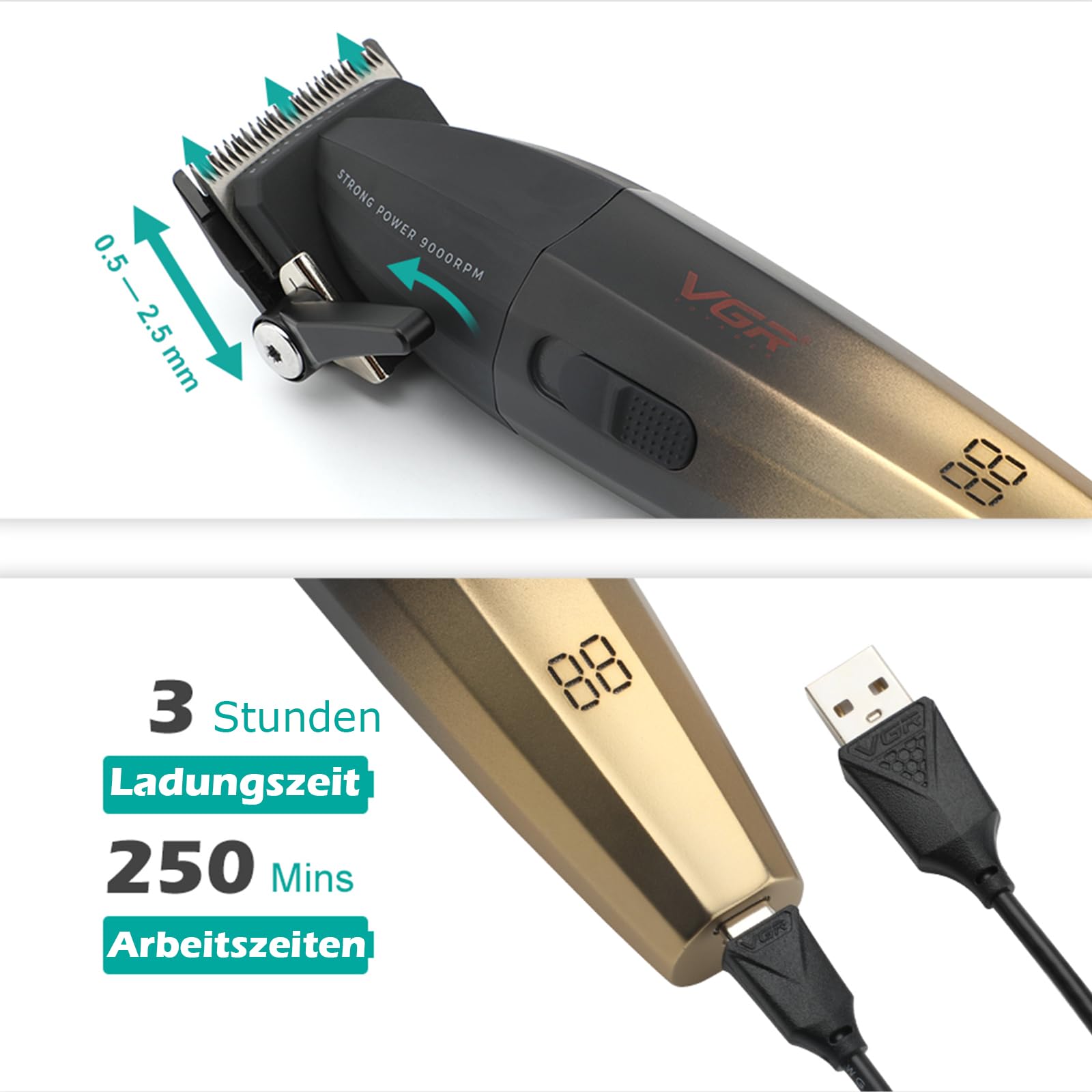 VGR Haarschneidemaschine Set für Herren Professioneller Haarschneider Haartrimme Kit Barber Friseur Pflegeset Zero Gap T-Blade Trimmer mit 9 Führungskämmen für Haare, Bart, Konturenstyling