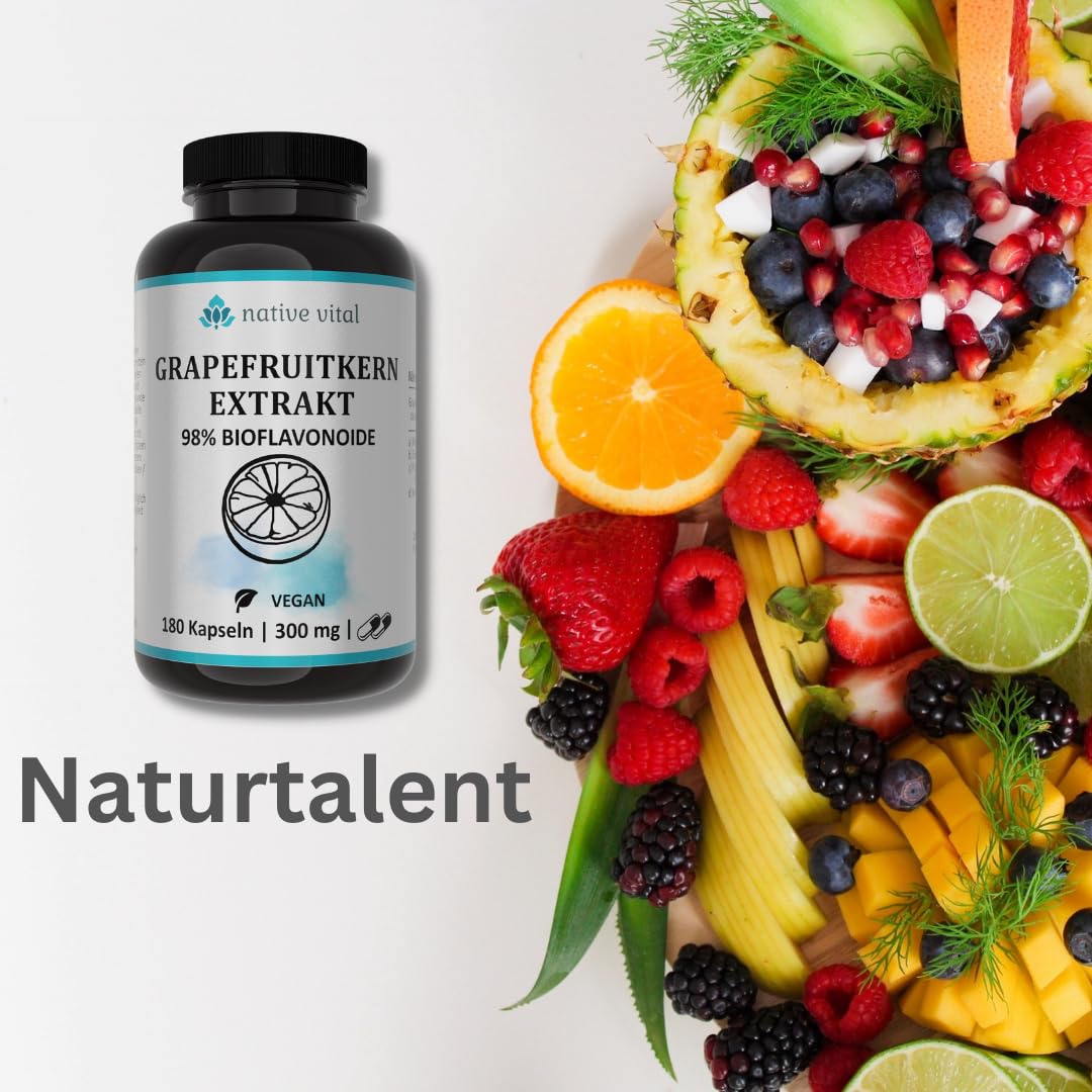 Grapefruitkernextrakt - WICHTIG: 98% Bioflavonoide - 180 Kapseln - Made in Germany - Vegan - Premium Qualität