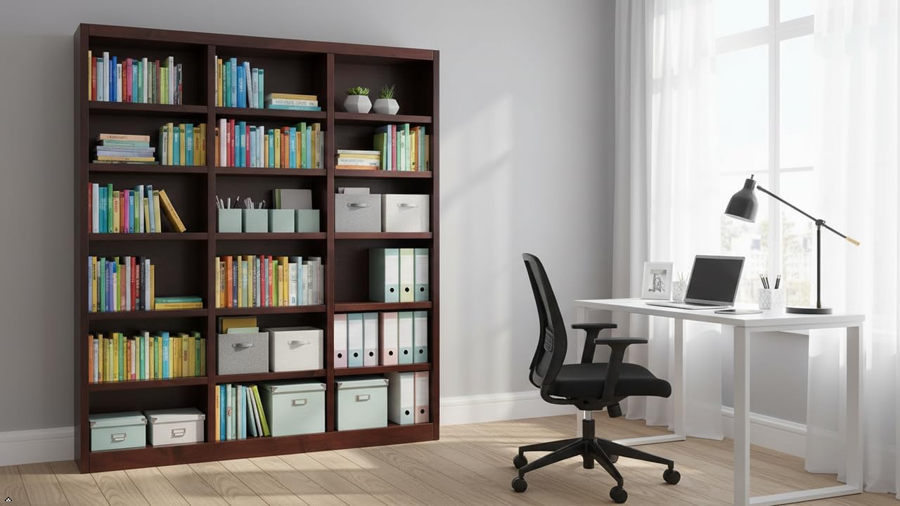 BOWERY HILL 84" Traditional Triple Wide Wood Bookcase with 15 Adjustable Shelves and 3 Fixed Shelves, Simple Assembly, for Home/Office, in Cherry Finish