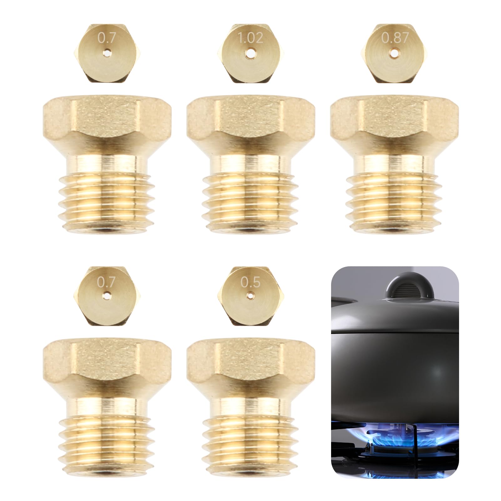 Kasoud Lpg Gas Jet Set - 5PCS Nozzle Kit, Natural Gas Hob Conversion Kit, 0.5/0.7/0.7/0.87/1.02 Lpg Gas Burners (Gold) [Energy Class A]