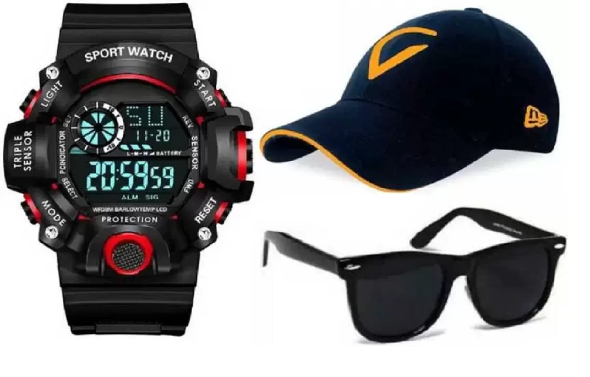 SELLORIA Branded Black Dial Digital Watch with Black Sunglass with Baseball Cap Black Pack of 3 (B0BFBBKMQM) Amazon Price History, Amazon Price Tracker