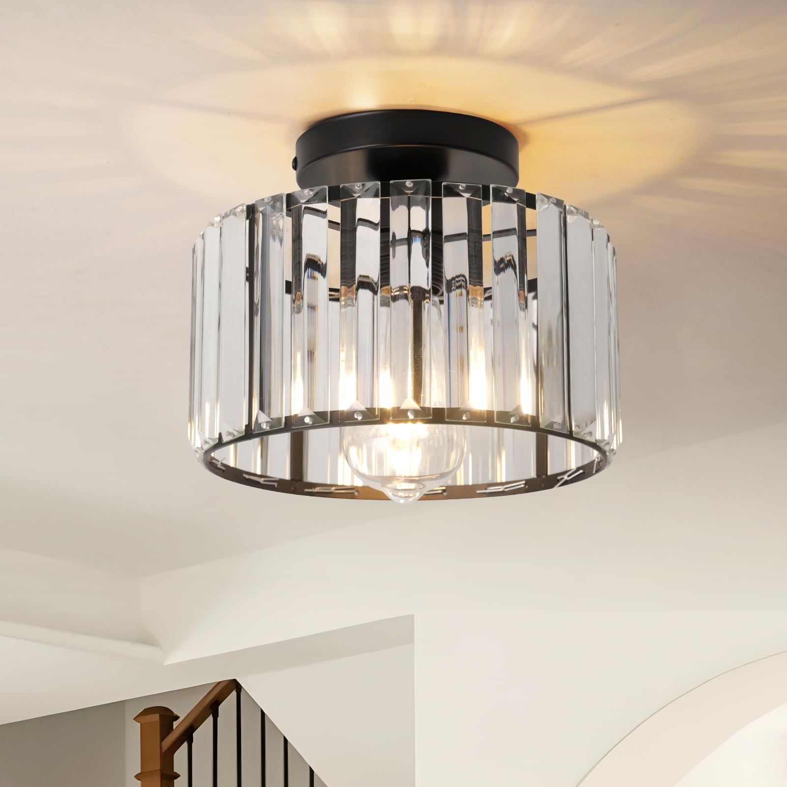 Hudi Fyier Black Crystal Ceiling Light for Hallway Small Semi Flush Mount Fixture
