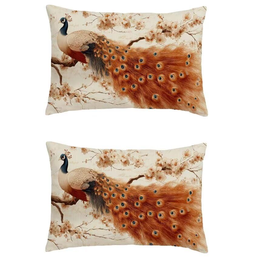 Housse de coussin 70x90cm en lin imperméable orange brûlée au motif paon élégant
