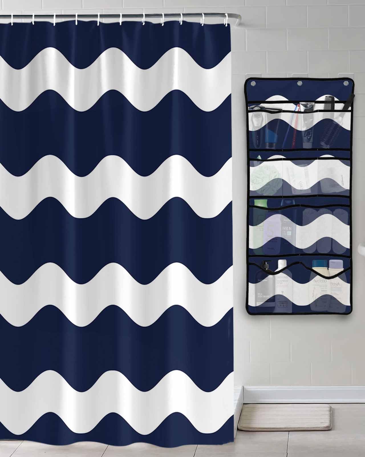 Shower Curtain Mesh Shower Organizer Hanging Set Navy Blue Wavy Stripes Waterproof Shower Curtains with 10 Pockets Quick