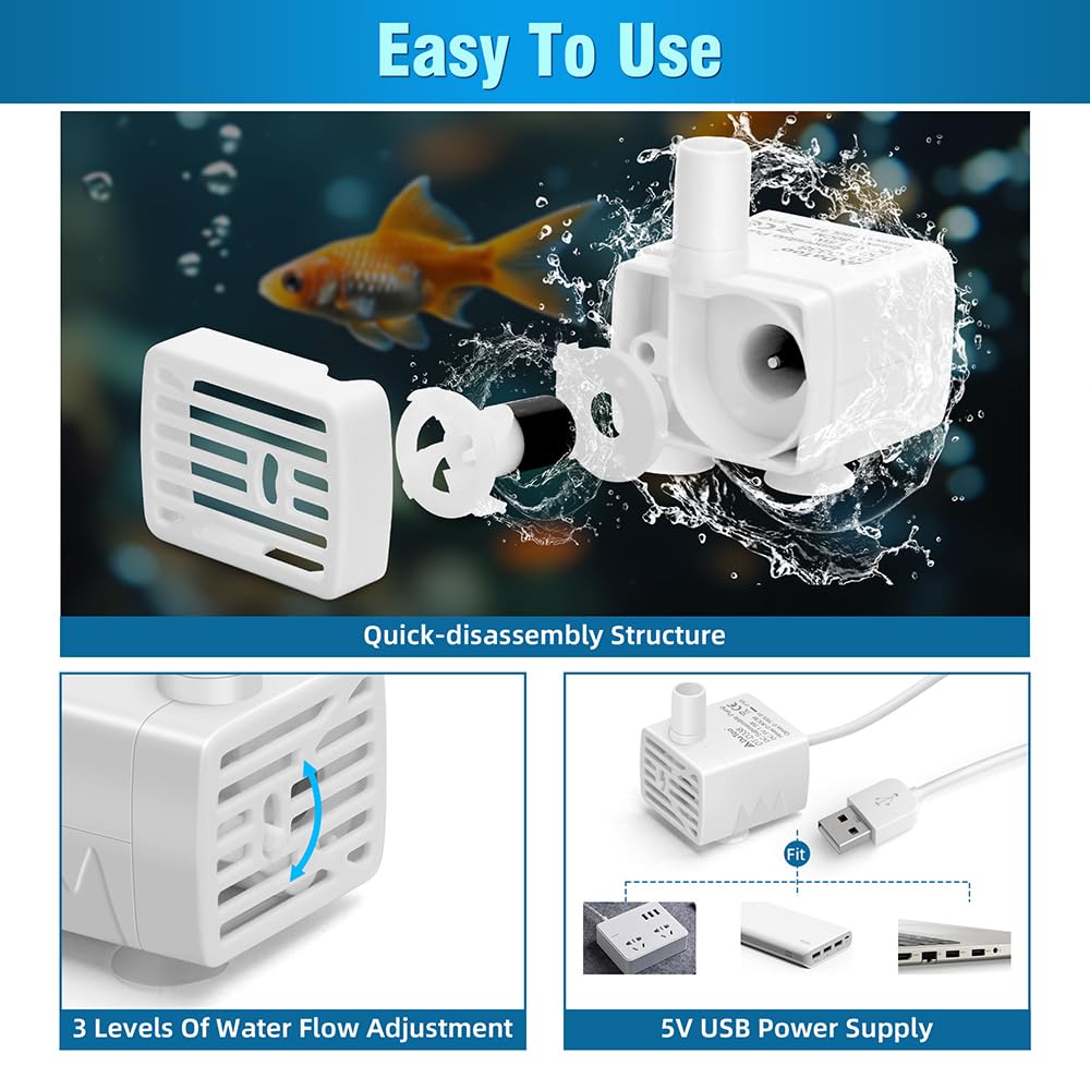 DaToo Bomba de fuente de agua para gatos, ultrasilenciosa, USB, 5 V, sumergible, para mascotas, bomba de repuesto IPX8, impermeable, dispensador de agua para gatos