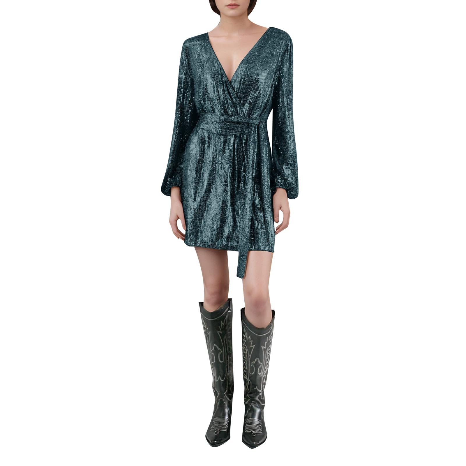 Generisch Vestido de lentejuelas para mujer, con cuello en V, brillante, sexy, elegante, vestido de fiesta, manga larga, vestido de fiesta, vestido de cóctel ajustado con volantes, vestido de carnaval