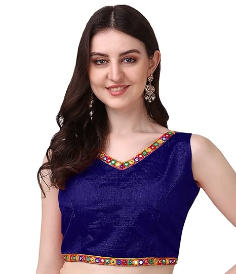 Women's Phantom Silk V Neck Deep Back Multicolored Tussel Jhumka Foil Mirror Lace Work Sleeveless Readymade Saree Blouse for Lehenga Choli