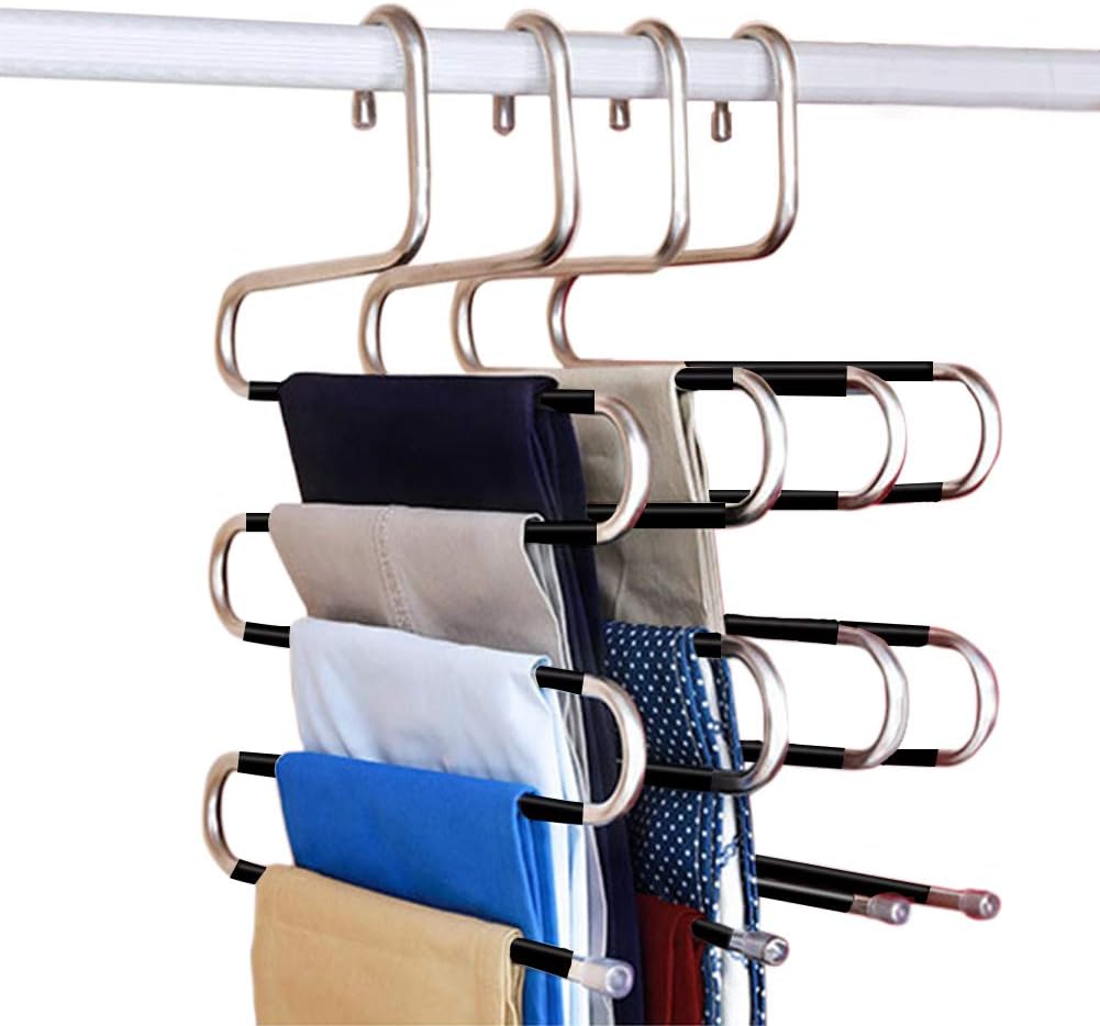 Non-Slip Pants Hangers S-Shape,Multi Layers Space Saving Non Slip Stainless Steel Clothes Hangers Closet Organizer for Pants Jeans Trousers Scarf(4 Pack)