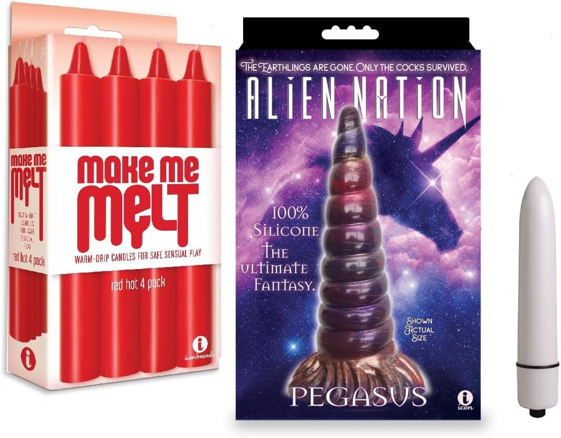 Couples Sex Toy Bundle of Make Me Melt Sensual Warm-Drip Candles, 4 Pack, Red Hot and Icon Brands Alien Nation Pegasus Silicone Creature Dildo - Copper Plus Powerful 3.5 inch mini Vibe