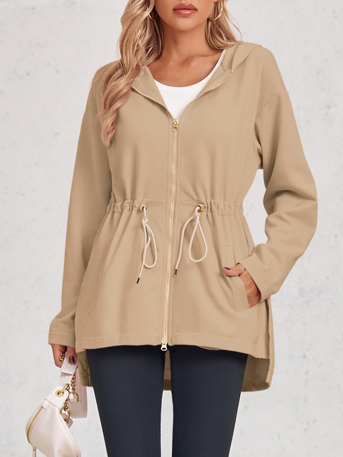 Fisoew Women's Zip Up Hoodie Sweatshirts Oversized Long Sleeve Casual Drawstring Waist Side Slit Tunic Tops - Image 4