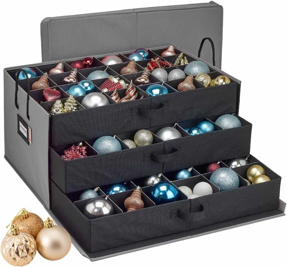 HOLDN’ STORAGE Christmas Ornament Storage Box with Dividers, Holds Up to 72 Ornaments (4 Inches), Large Organizer with 3 Stackable Trays - Gray 72 - 4" Ornaments Gray