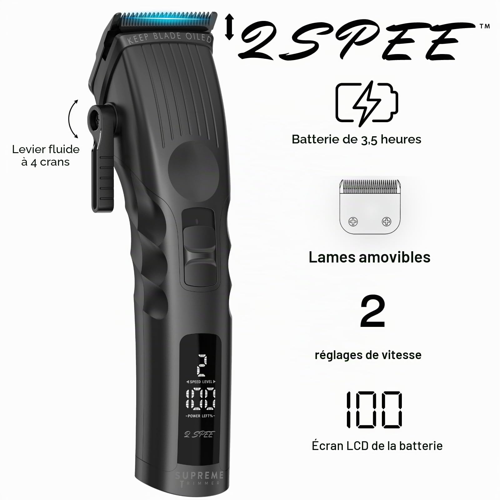 Supreme Trimmer 2Spee STC922 Tondeuse à cheveux sans fil avec lame amovible | Autonomie de 210 minutes, affichage numérique, 2 vitesses réglables | Tondeuse de barbier professionnelle avec peignes de