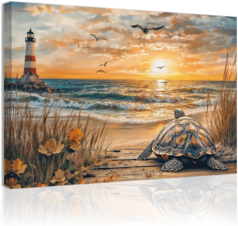 QIXIANG Sea Turtle Bathroom Wall Decor Beach Canvas Painting Art Ocean Lighthouse Picture Coastal Lakeside Cabin Decor Framed(Blue,16L x 24W)