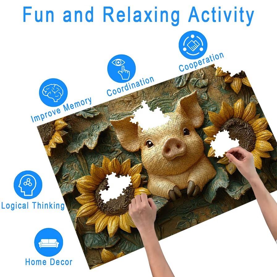 Puzzle 1500 Piezas, Puzzle Cerdo con Caja Regalo, Girasol Puzzles 1500 Piezas Adultos, Medidas: 87 x 57 cm, Rompecabezas Adultos de Madera, Rompecabezas Desafiante para Decoración Hogar y Pared, -5648