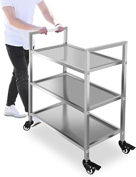 3 Shelf Stainless Steel Cart,400 Lbs,1MM Thick,Serving Cart with Wheels, Household, Service Trolley,360Rotation Storage Shelf with Locking Wheels 29.5 * 15.7 * 37.4 L*W*H