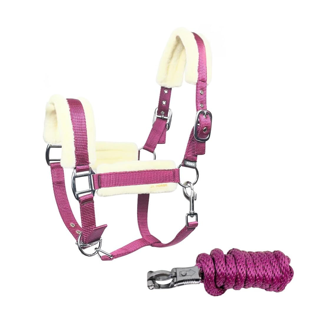 JA4007 Premium Kunstfell Halfter Set mit Panikhaken und 3-Fach Verstellung inkl. Führstrick – Weich gepolstertes Stallhalfter mit verstellbarem Kinnriemen (Pink, Full)