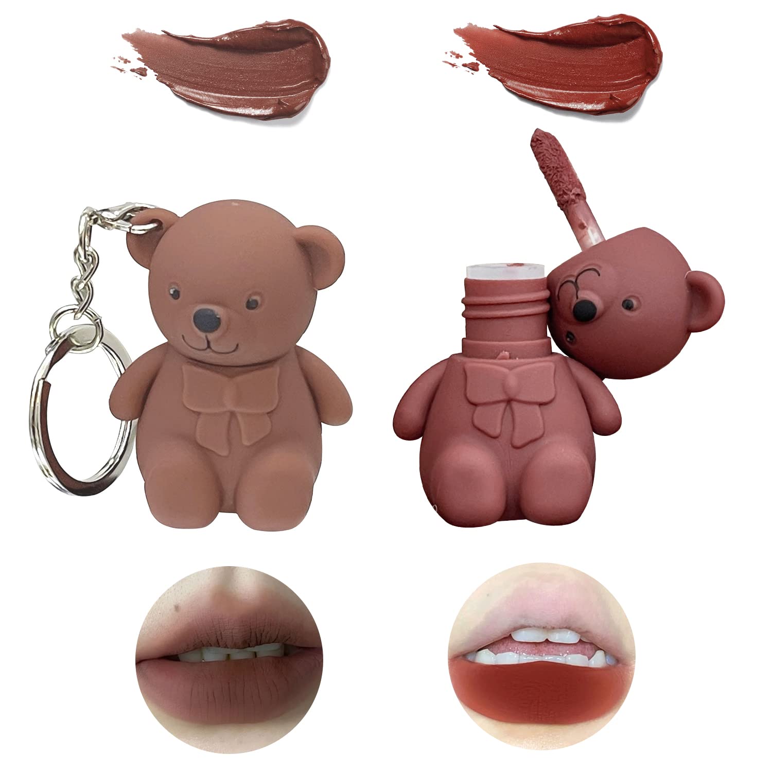 BSMAX 2 in 1 Key Chain Bear Lipstick Mist Matte Velvet Lipstick Waterproof Long Lasting Lip Gloss Cute Bear Beauty Makeup (02#+05#)