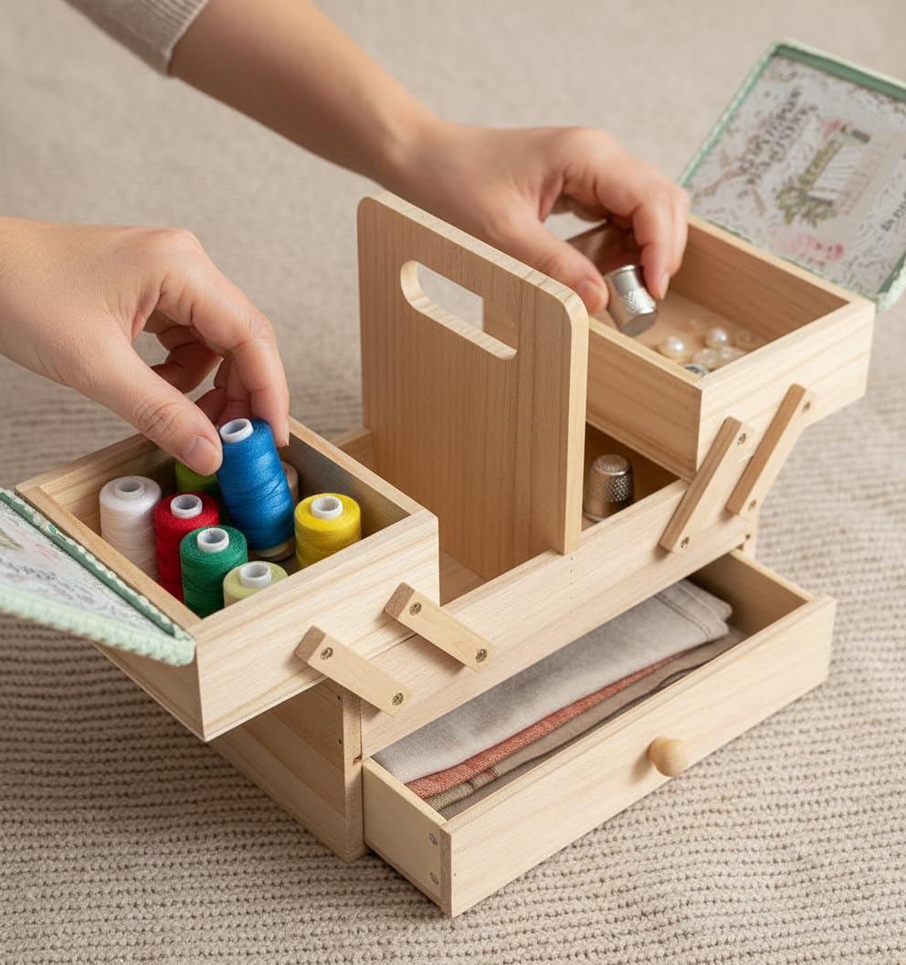 Nähkästchen aus Holz mit großer Schublade, 26 x 23 cm, Organisation, Nähen, Aufbewahrung