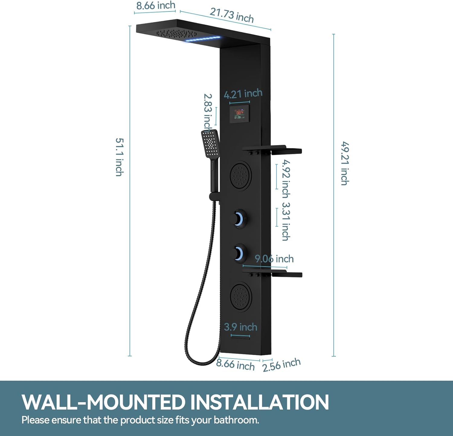 5 in 1 Black Shower Panel Tower System With Storage Shelf, 304 Stainless Steel Shower Tower with Rainfall Shower Handheld and Tub Spout, Powerful Body Jets, Wall-Mounted Shower Set