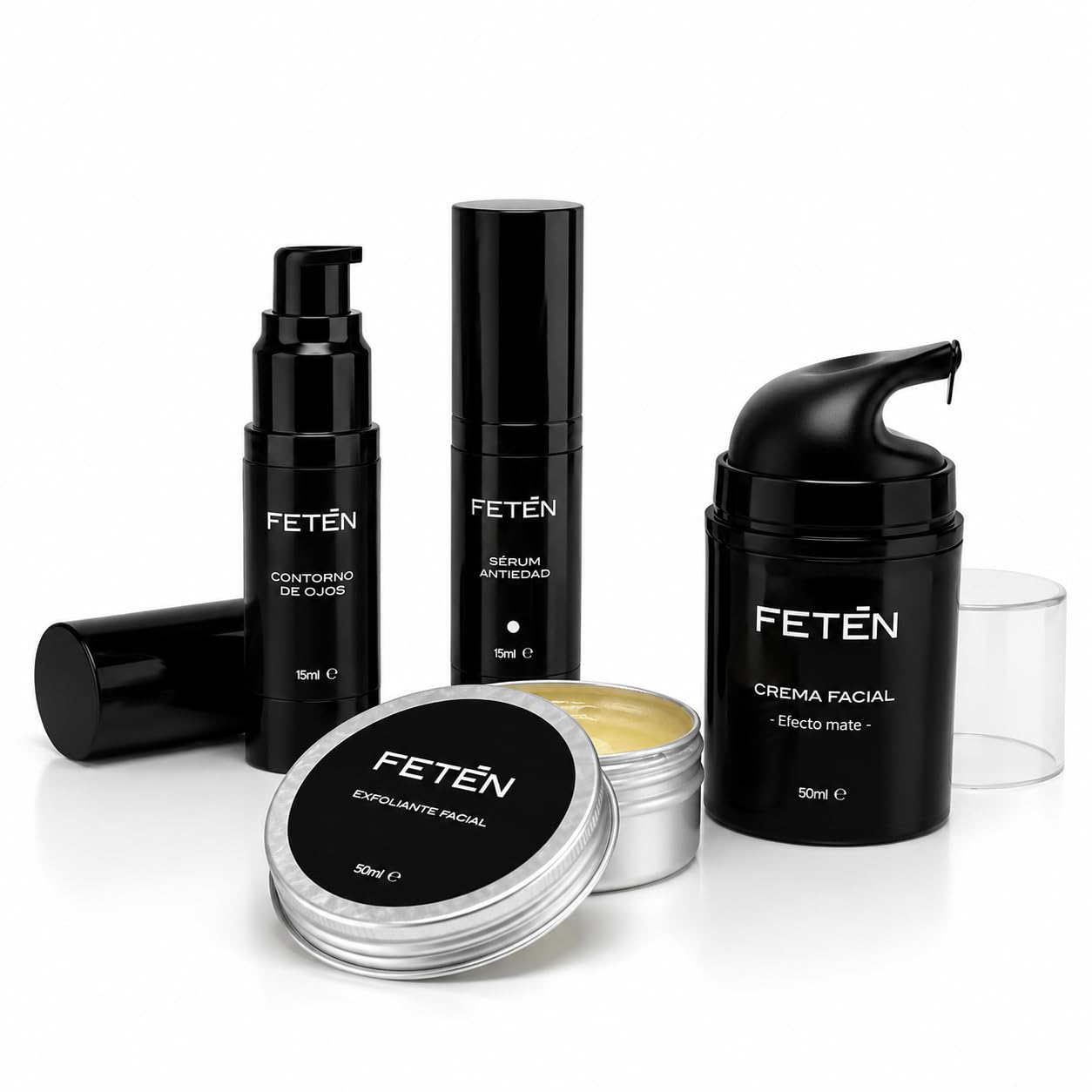 Kit Cuidado Facial Hombre 4 en 1 – Sérum, Crema, Contorno y Exfoliante | Sérum Antiedad, Contorno de Ojos 3 en 1, Crema, Exfoliante Facial
