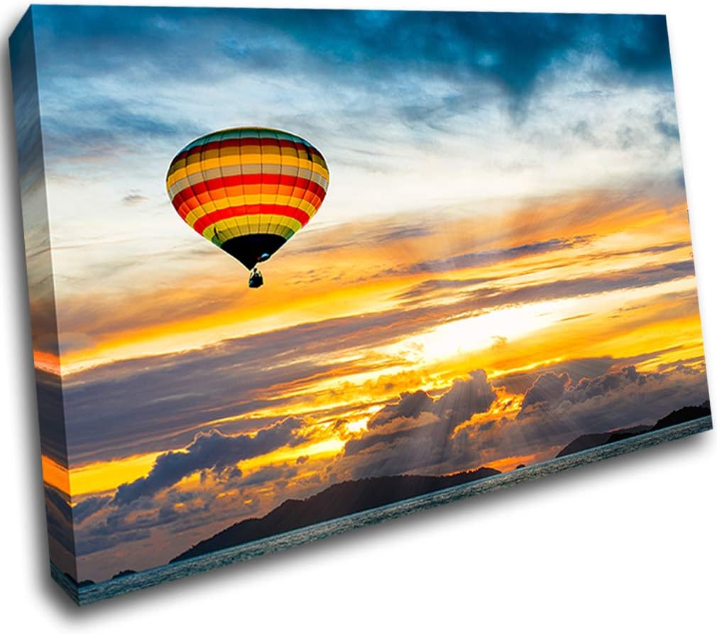 LoveSticker Hot Air Balloon Ocean Sunset Canvas Wall Frame 3D Art Canvas Mount Room H379(24x36inch (60x90cm))