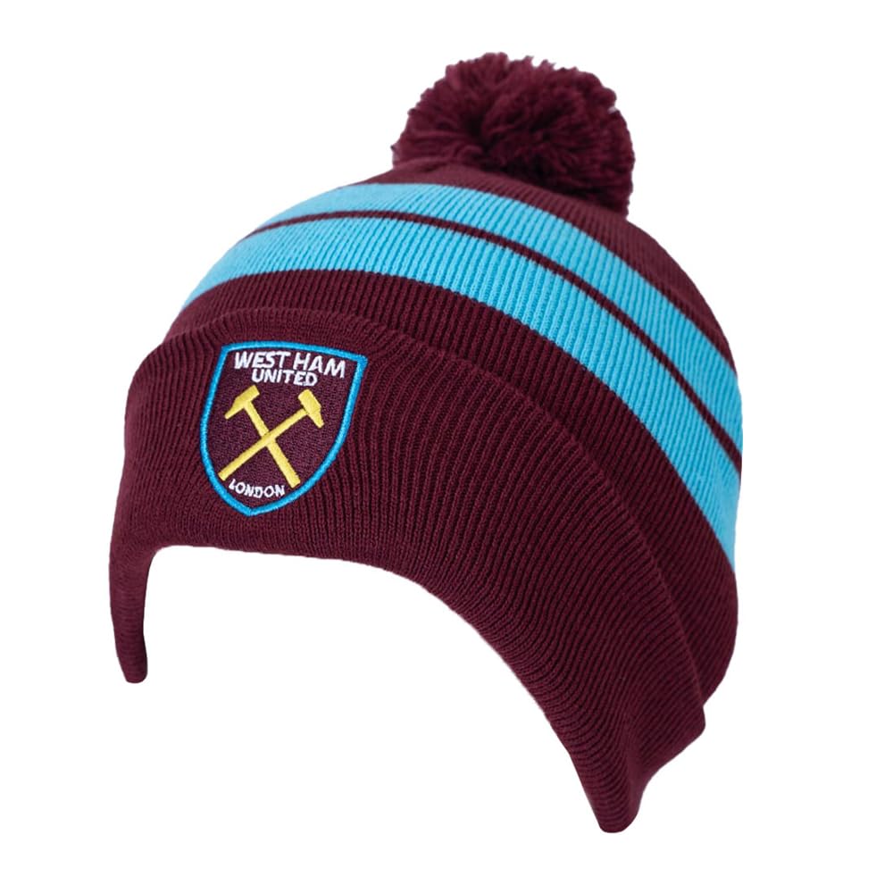West Ham United Bar Knit Ski Bobble Hat Knitted Hammers Pom Beanie, Claret and Blue, One Size