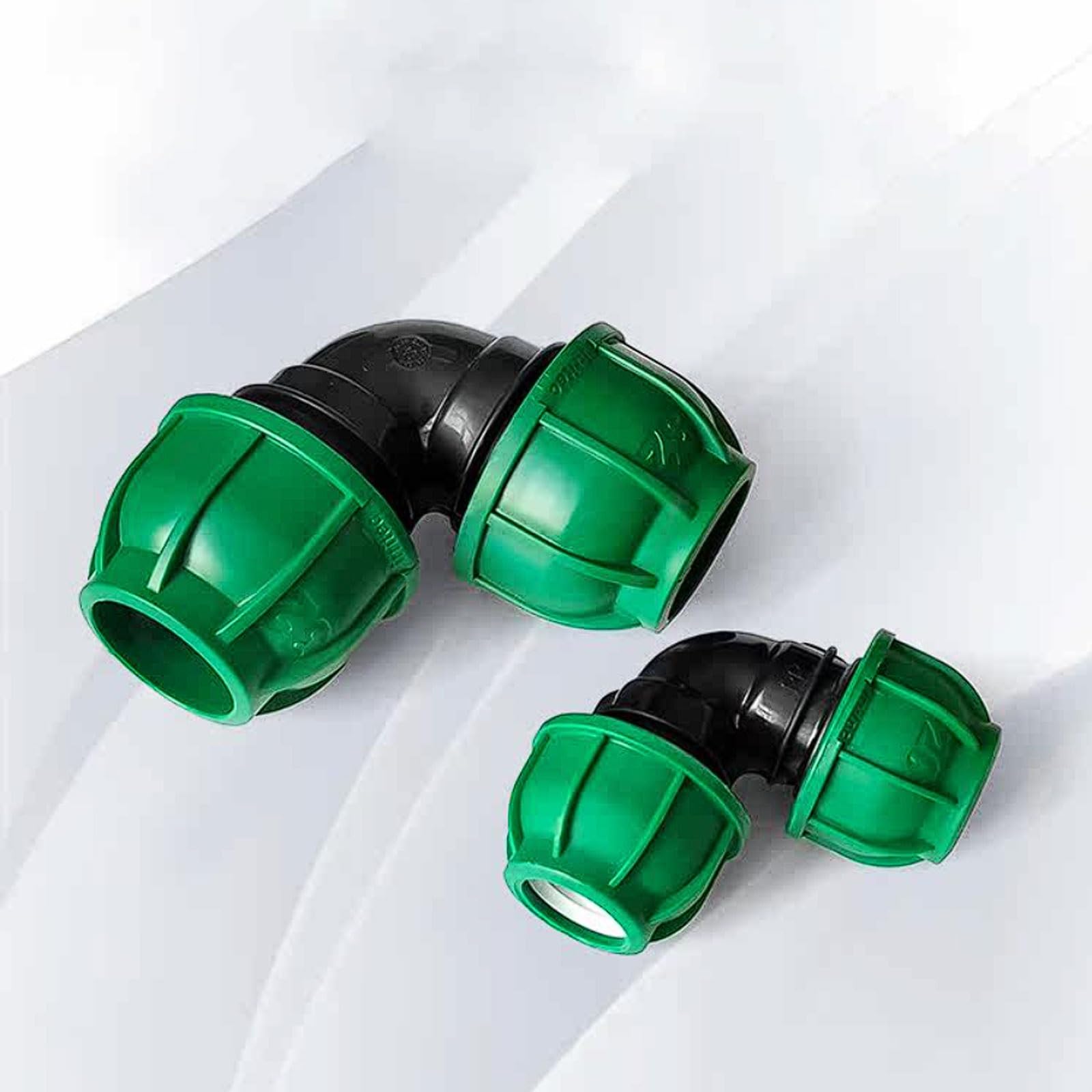 Conector rápido de curvatura en ángulo recto, codo conexión rápida con tapa verde PE, accesorio tubería grande sin calor, no requiere fusión por